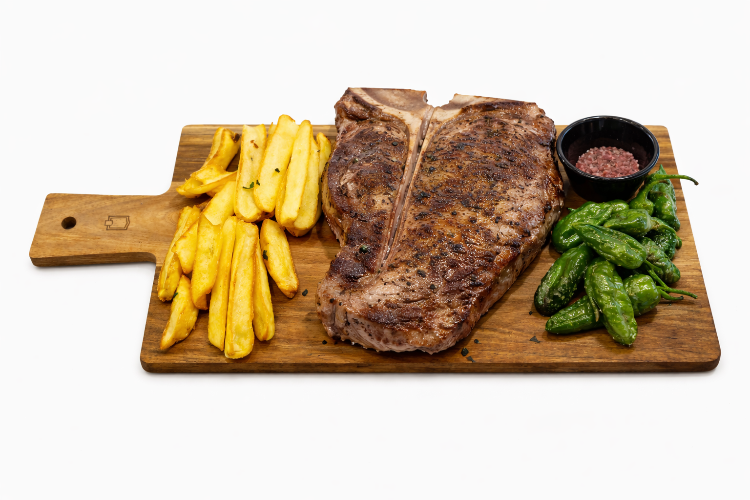 Beef T-Bone with Chips and Padrón Peppers